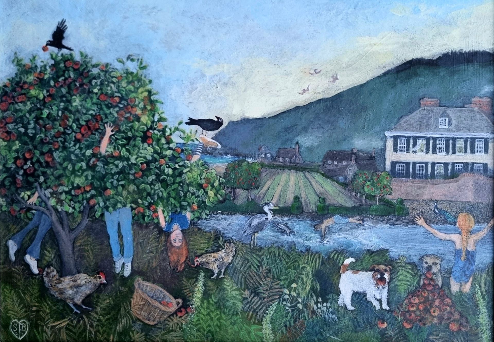 Apple tree harvest scene. People reach for fruit; chickens and dogs nearby. River flows toward a house and distant green hill.