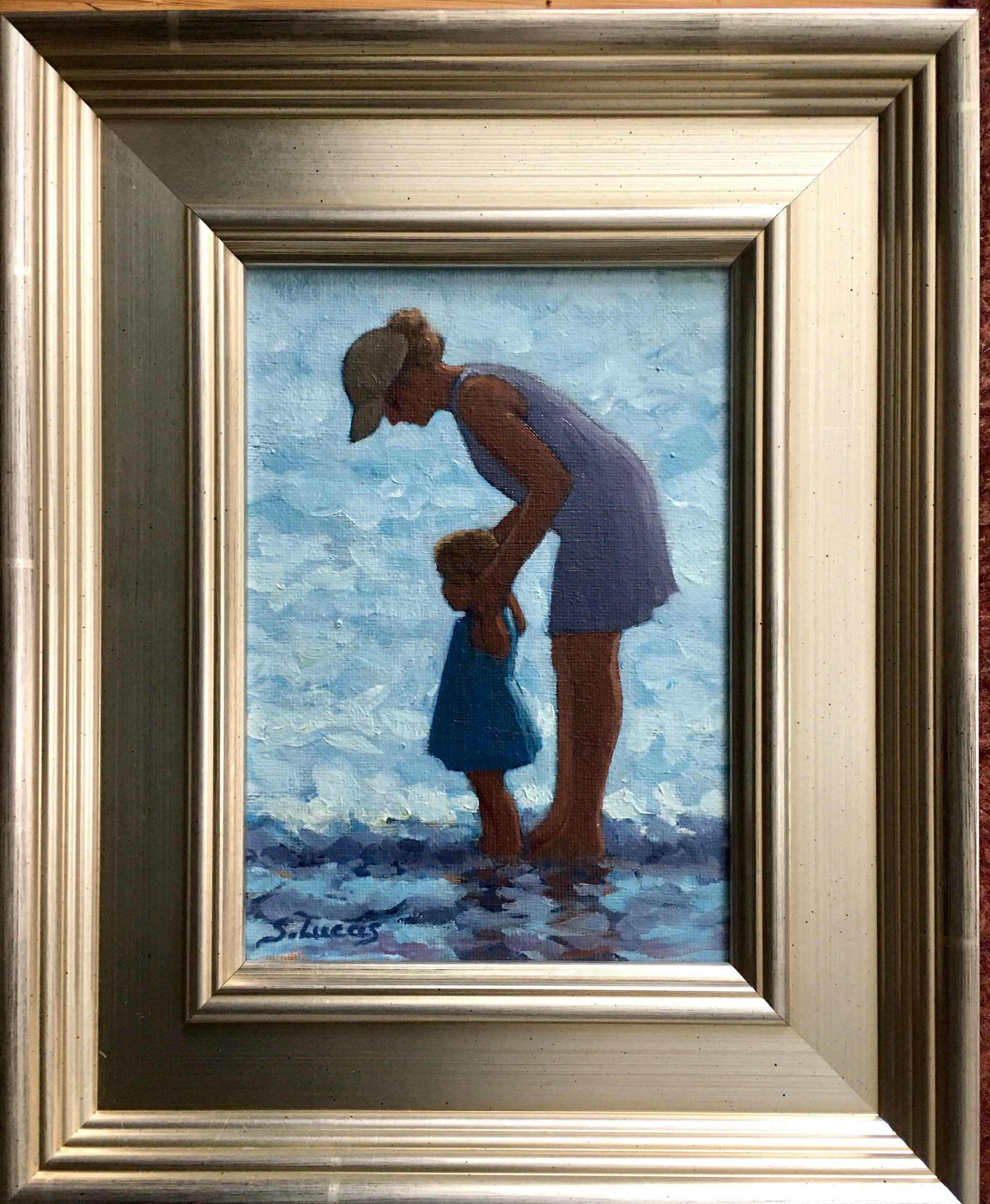 An impressionist oil painting of a person wearing a cap helping a child stand in shallow, rippled blue water.