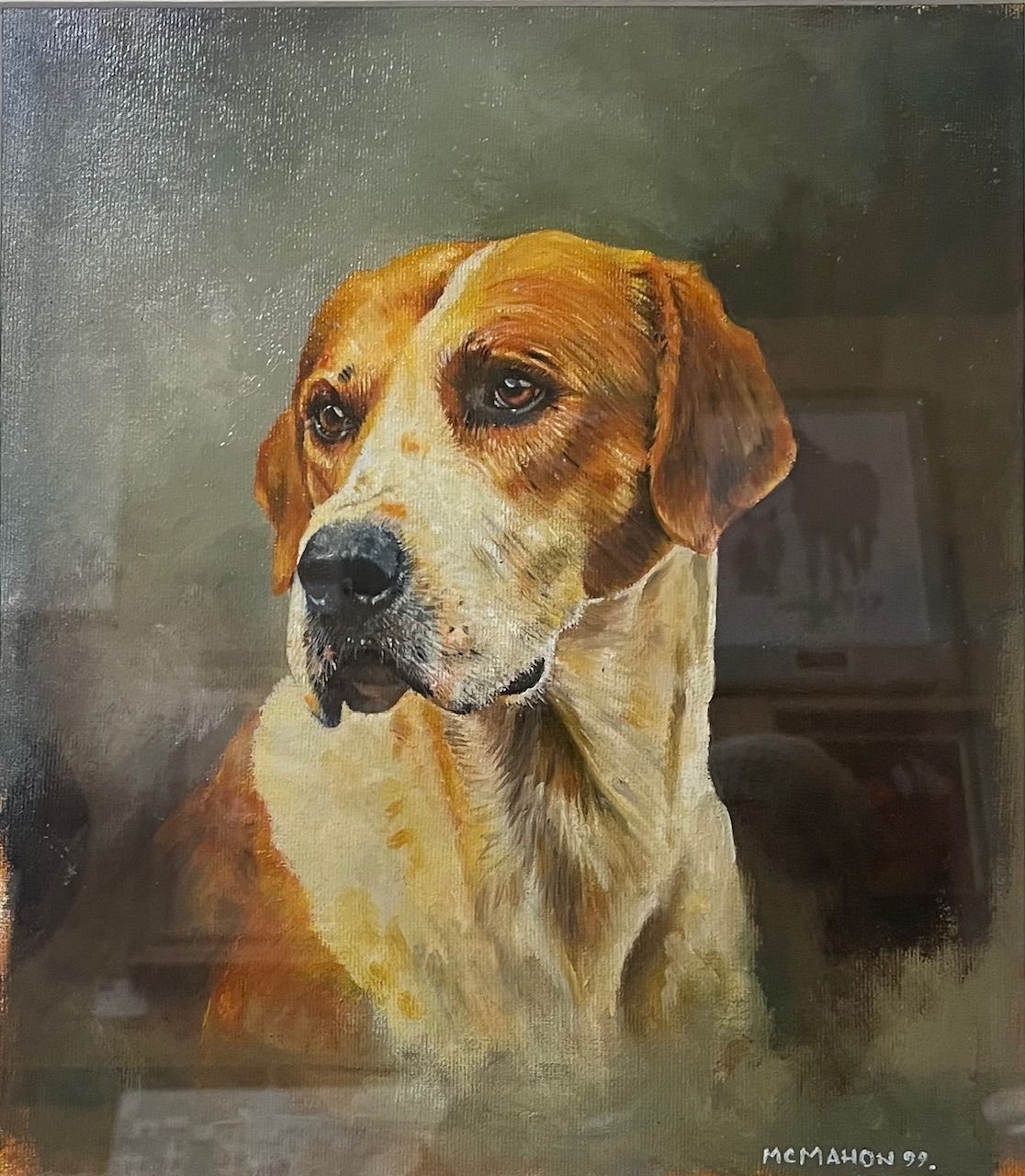 Oil painting of a tan and white dog, looking left. Dark eyes, soft fur.  Blurred background with pictures.