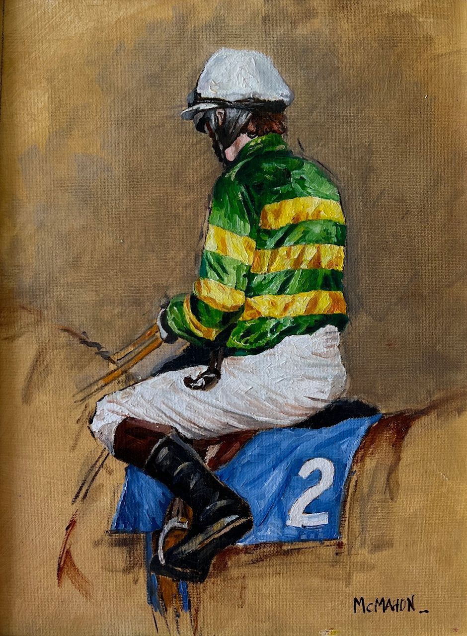 A painting of a jockey sitting on the back of a horse.