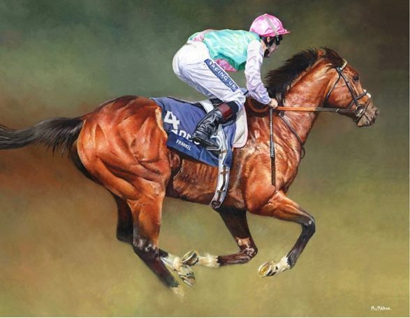 A painting of a jockey riding a brown horse