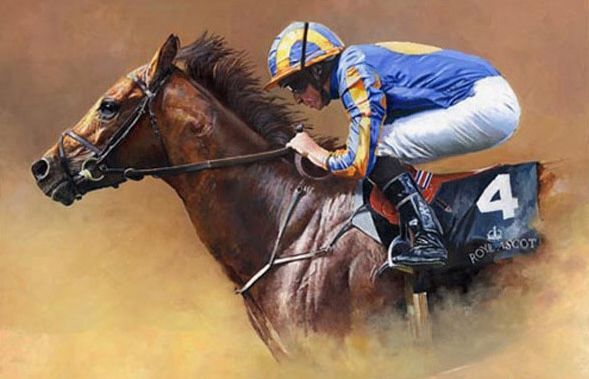 A jockey is riding a horse with the number 4 on the back.