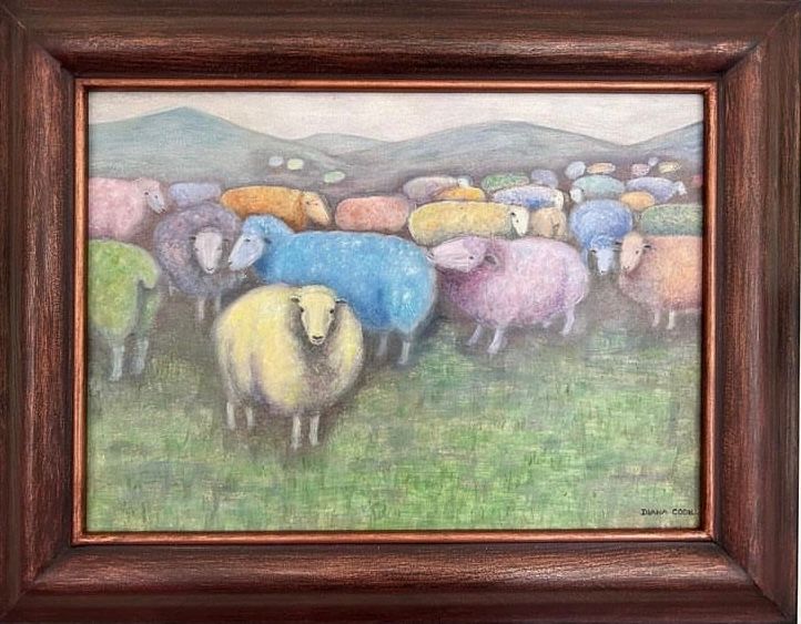 a painting of a herd of colorful sheep in a field, diana cook