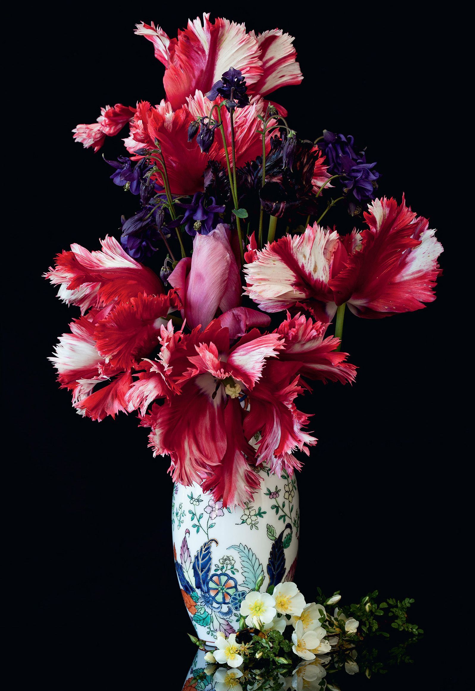 Red and white fringed tulips and purple flowers in a patterned vase on a black background, with sprigs of white flowers.