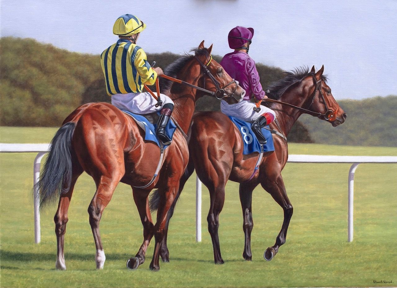 a painting of jockeys on horses with one wearing the number 8
