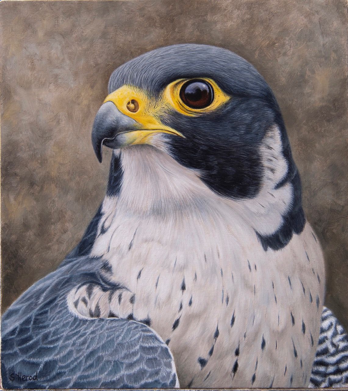 a painting of a bird with a yellow beak