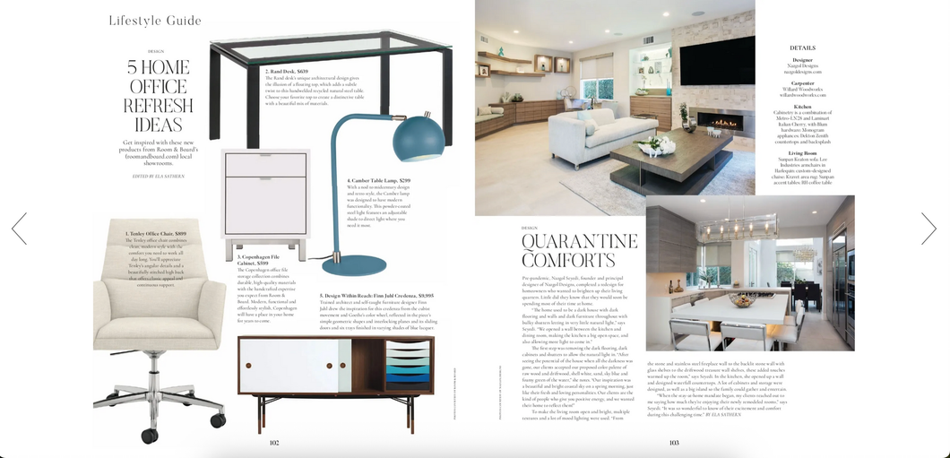 Home office mood board with black desk, blue lamp, white chair, wall shelves, and room design photos
