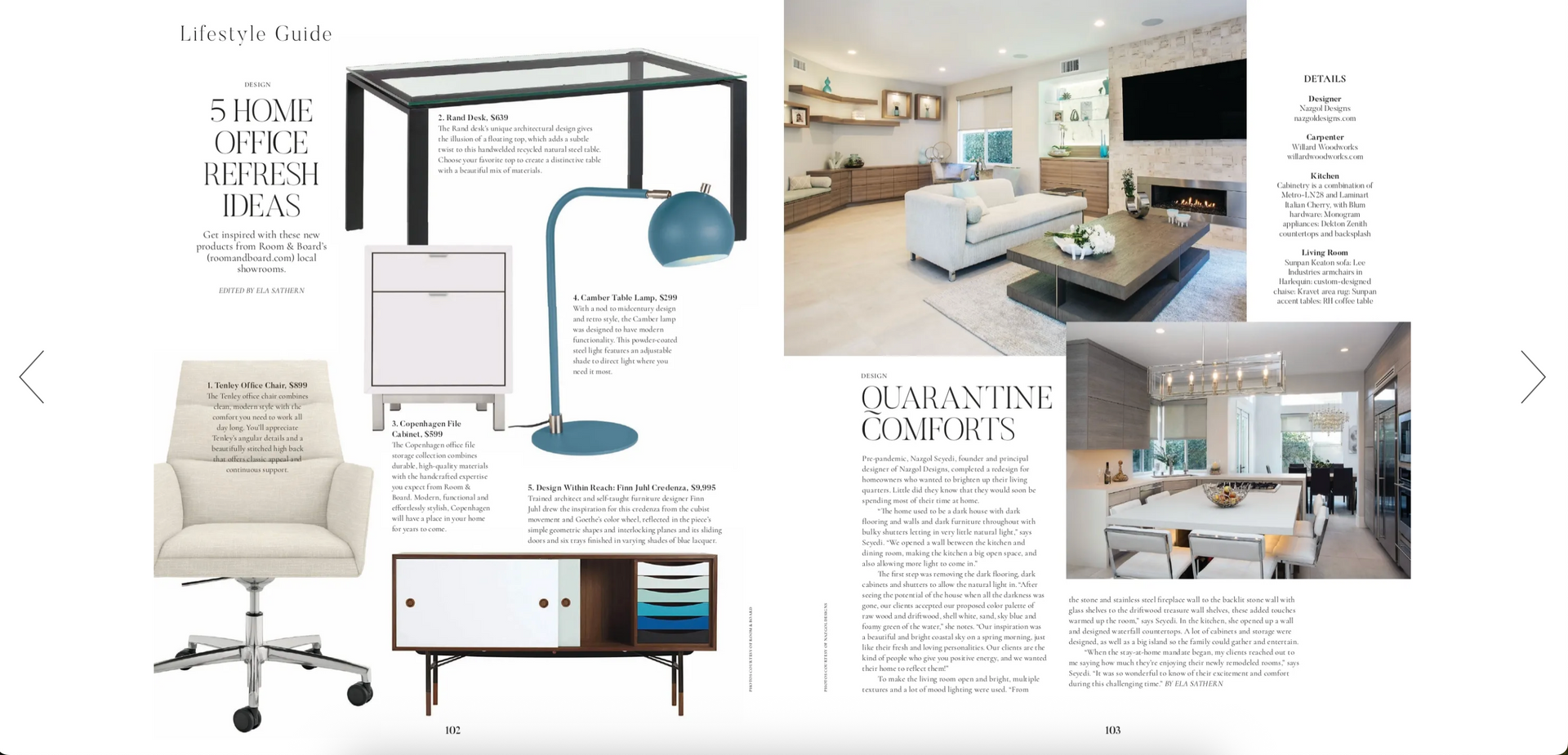 Home office mood board with black desk, blue lamp, white chair, wall shelves, and room design photos
