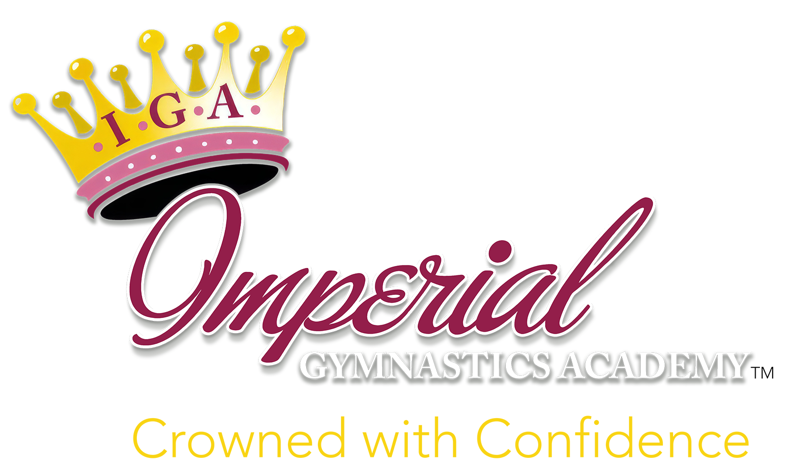 Logo for Imperial Gymnastics Academy, featuring a crown and cursive text in maroon and gold. 