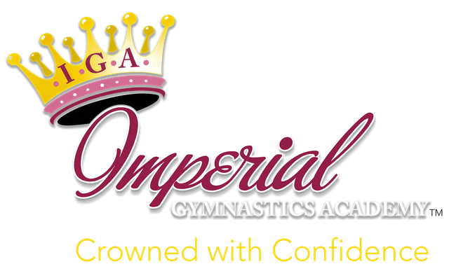 Logo for Imperial Gymnastics Academy, featuring a crown and cursive text in maroon and gold. 