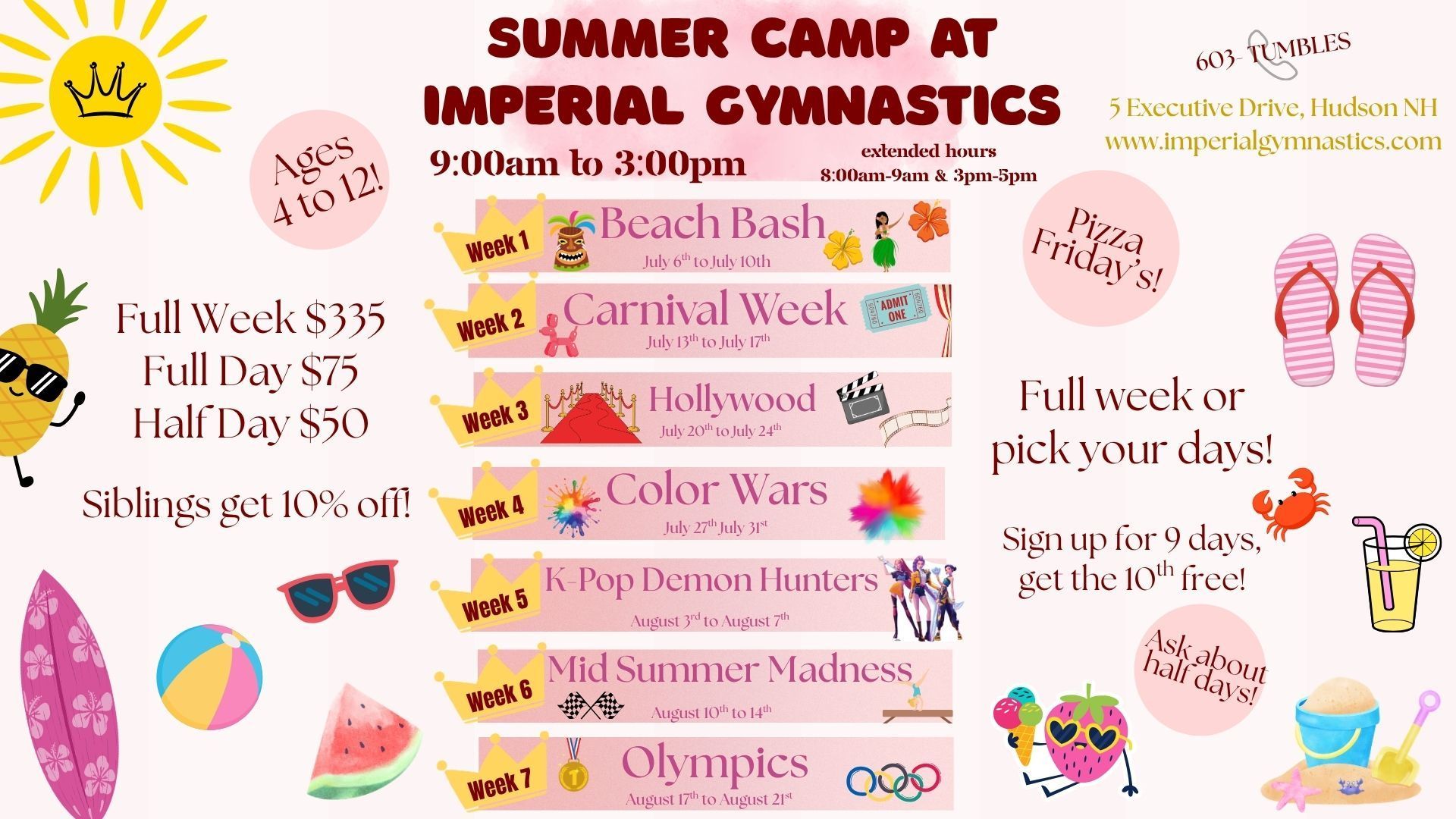 Summer camp flyer at Imperial Gymnastics with a carnival, Olympics, princesses/superheroes
