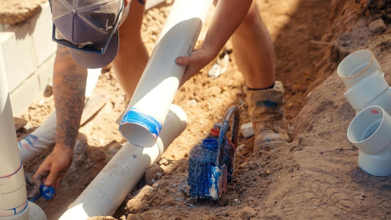 Man is Working on a Pipe in the Dirt — Beards Roofing and Plumbing in Clontarf, QLD