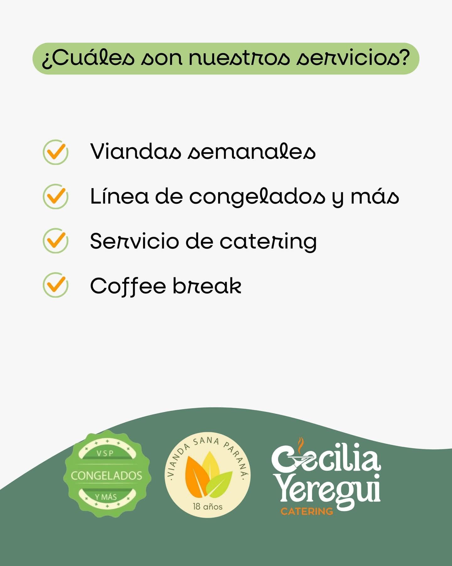 Listado de servicios: comidas semanales, linea de congelados, servicio de catering, coffee break, con logos y branding.