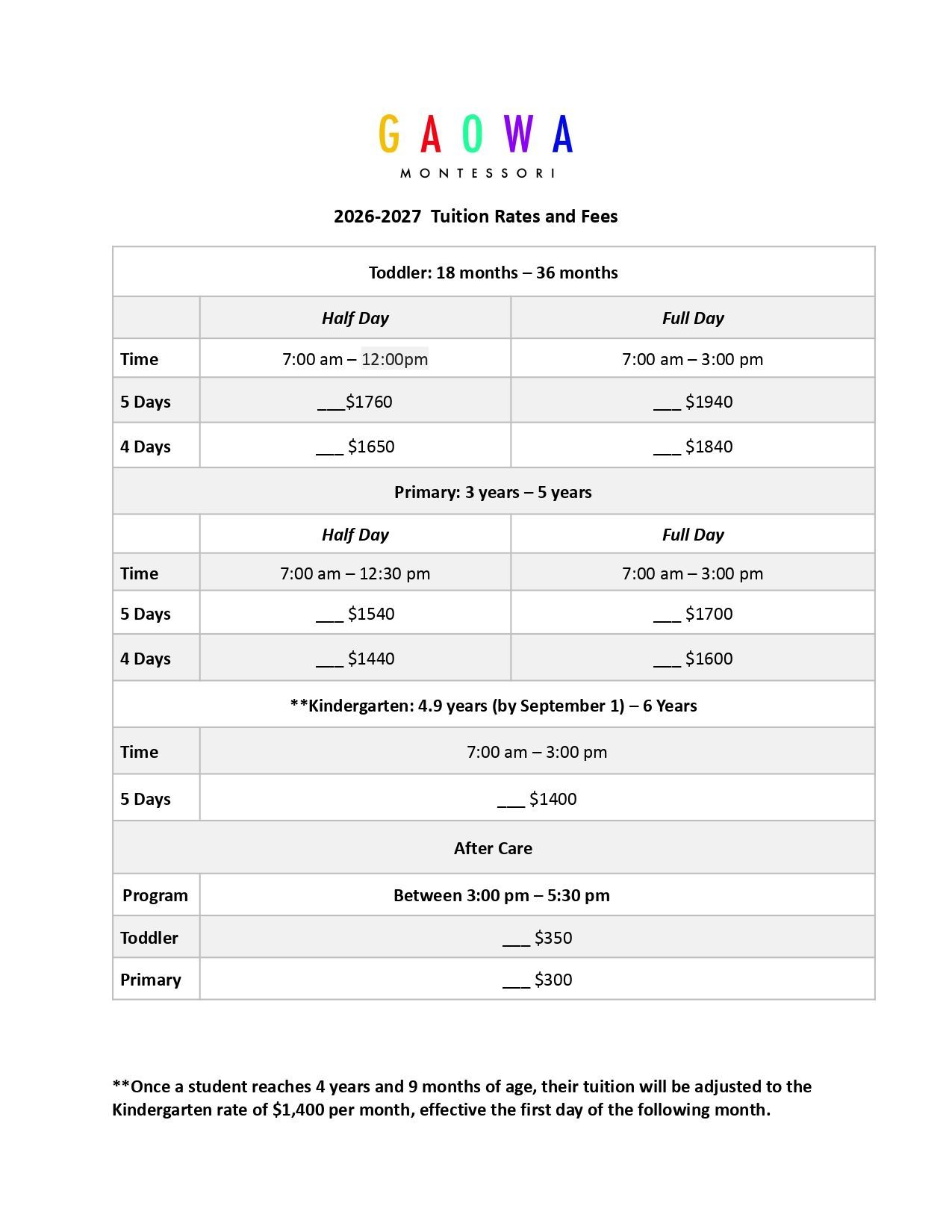 2026-2027 Tuition Rates and Fees for Toddler, Primary and Kindergarten