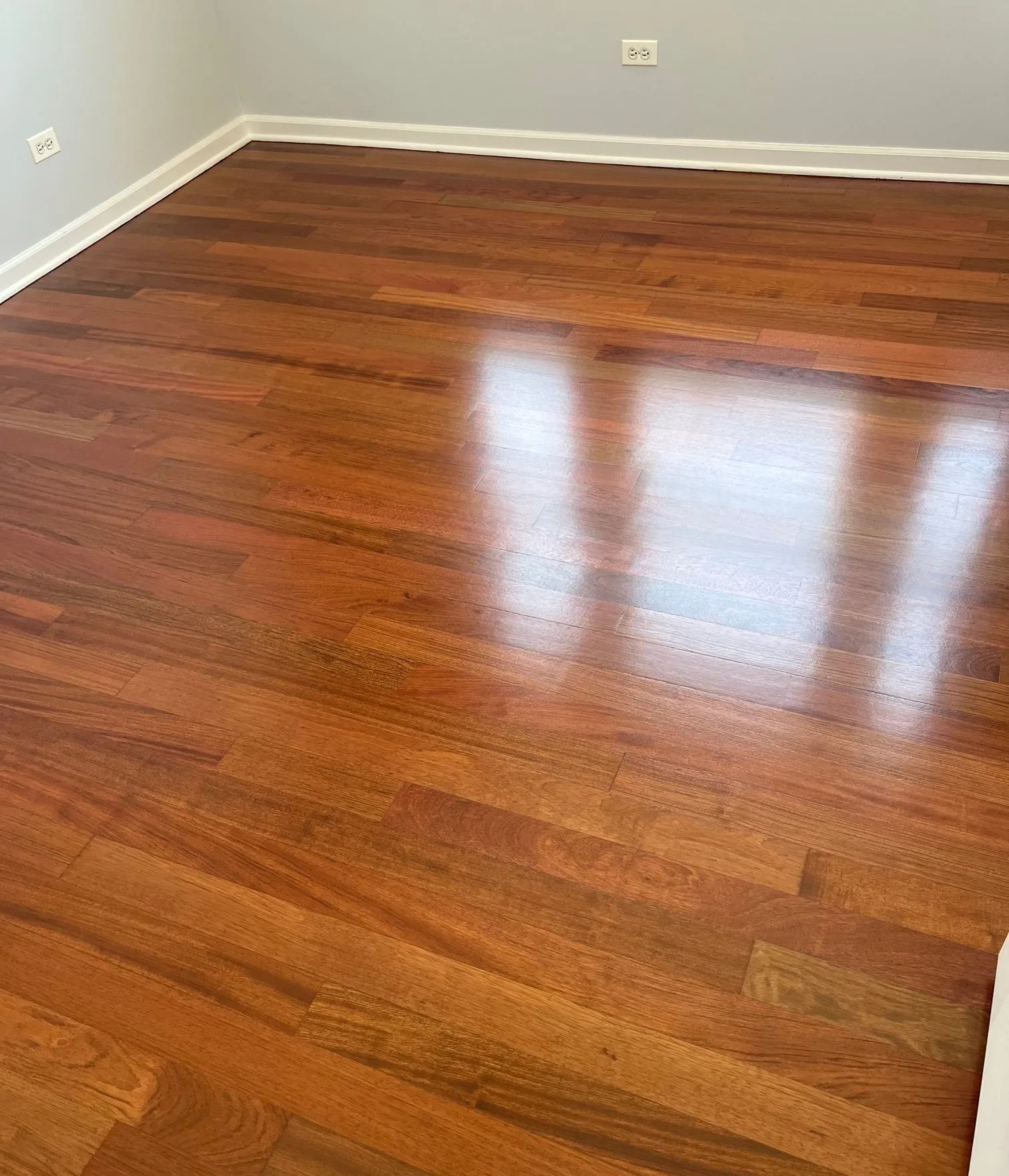 Empty room with glossy hardwood floor and light gray walls.