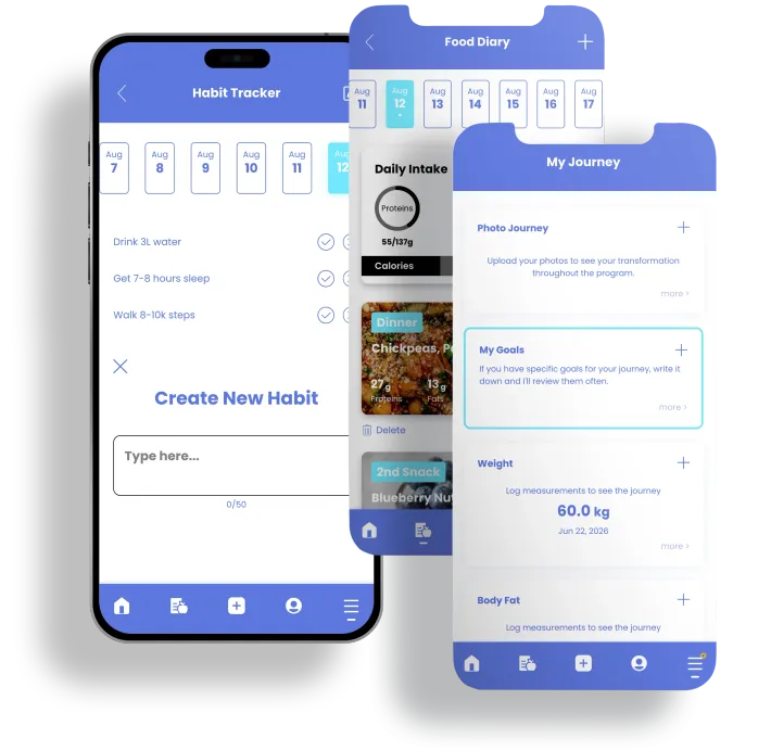 Three overlapping blue-and-white mobile app screens showing a habit tracker and profile/dashboard forms