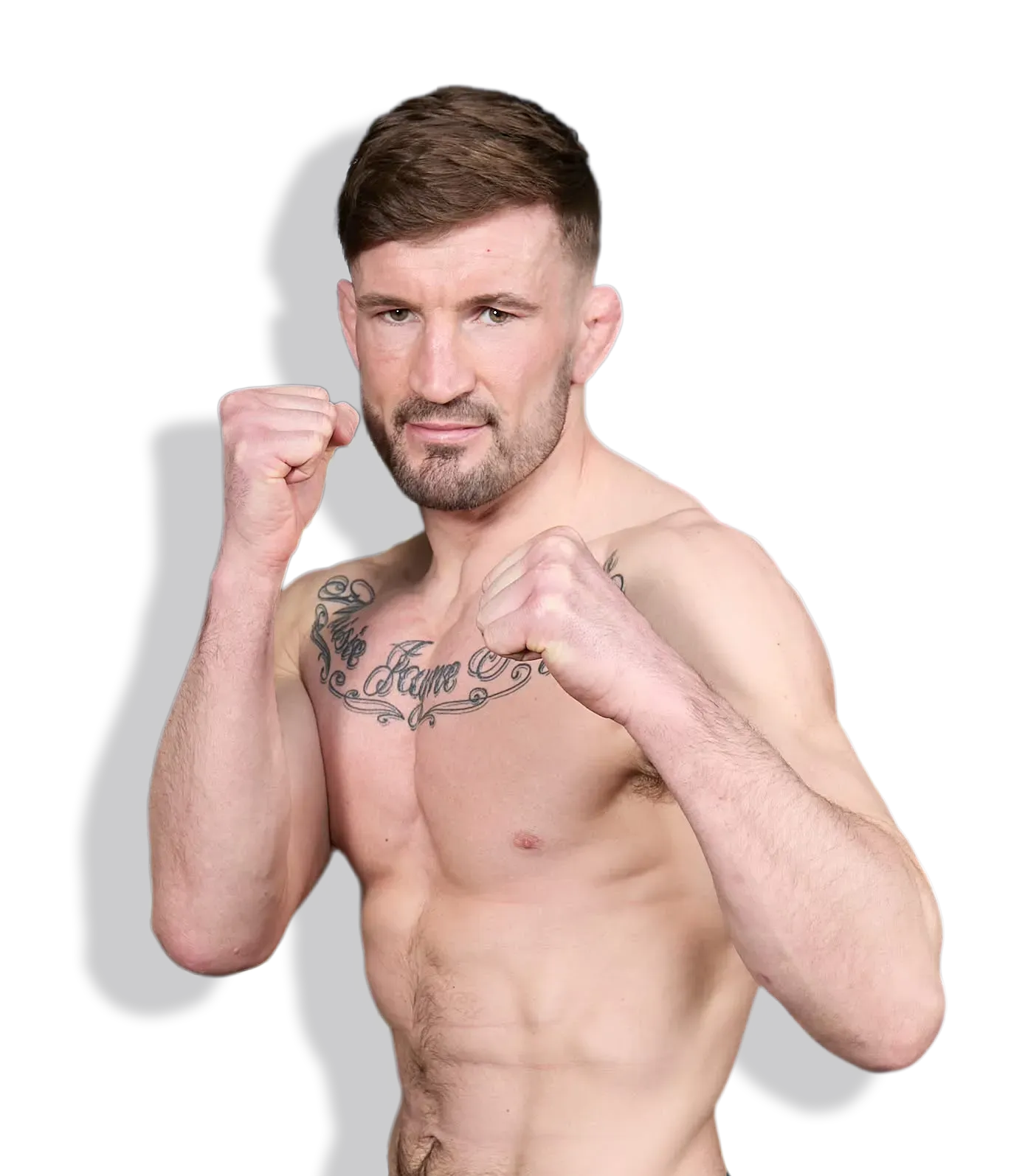 Boxer posing in a fighting stance against a plain white background, fists raised.