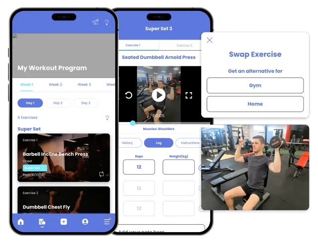 Fitness app screens and gym photo showing workout videos, tracking widgets, and a man exercising on a machine