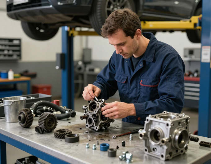 Profesional del sector automotor revisando repuestos