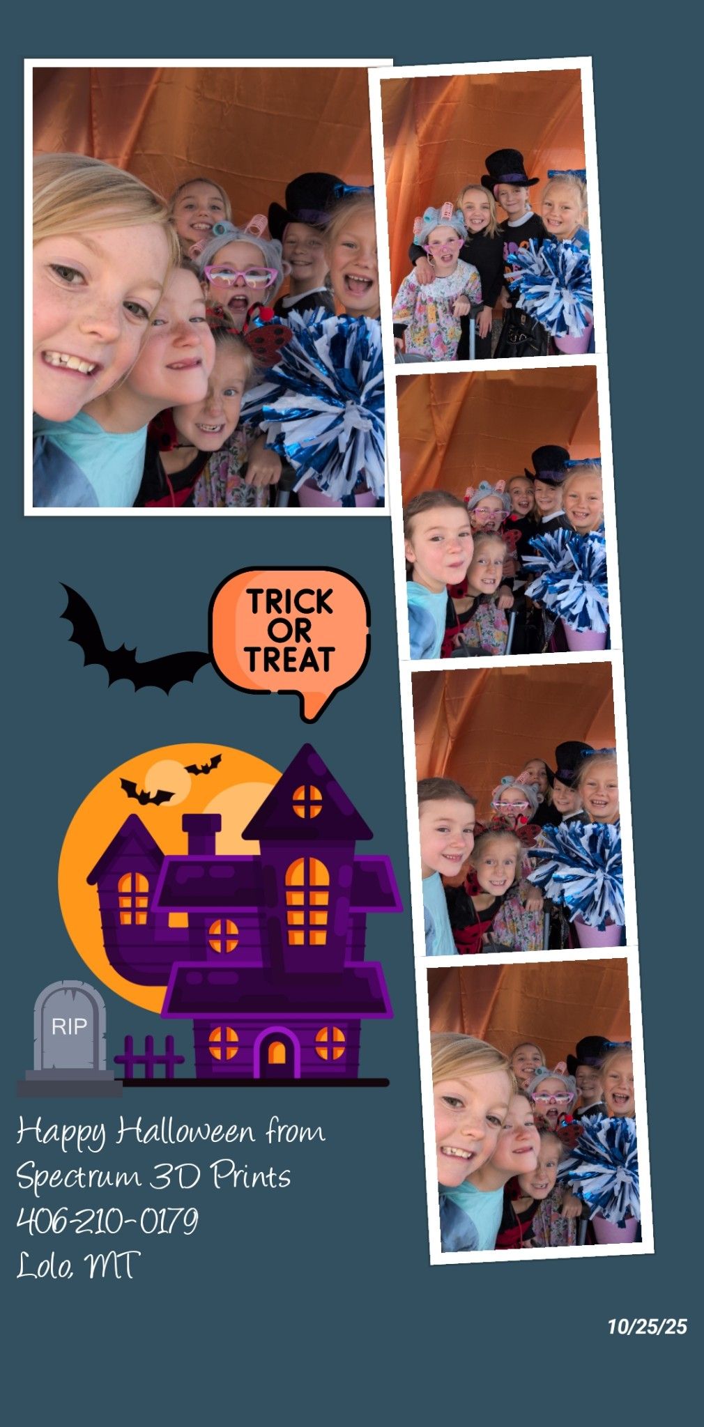 Halloween-themed photo collage with children and a jack-o'-lantern house decoration on an orange background