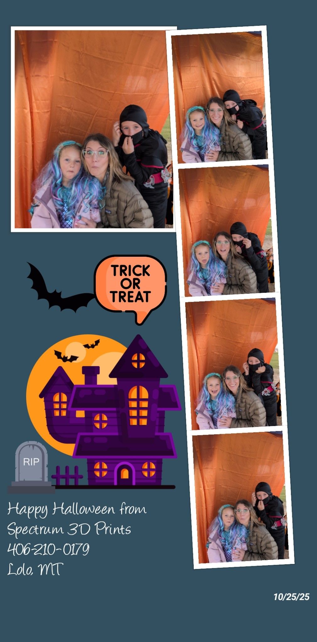 Collage of people in a haunted house with Halloween-themed graphics and orange background