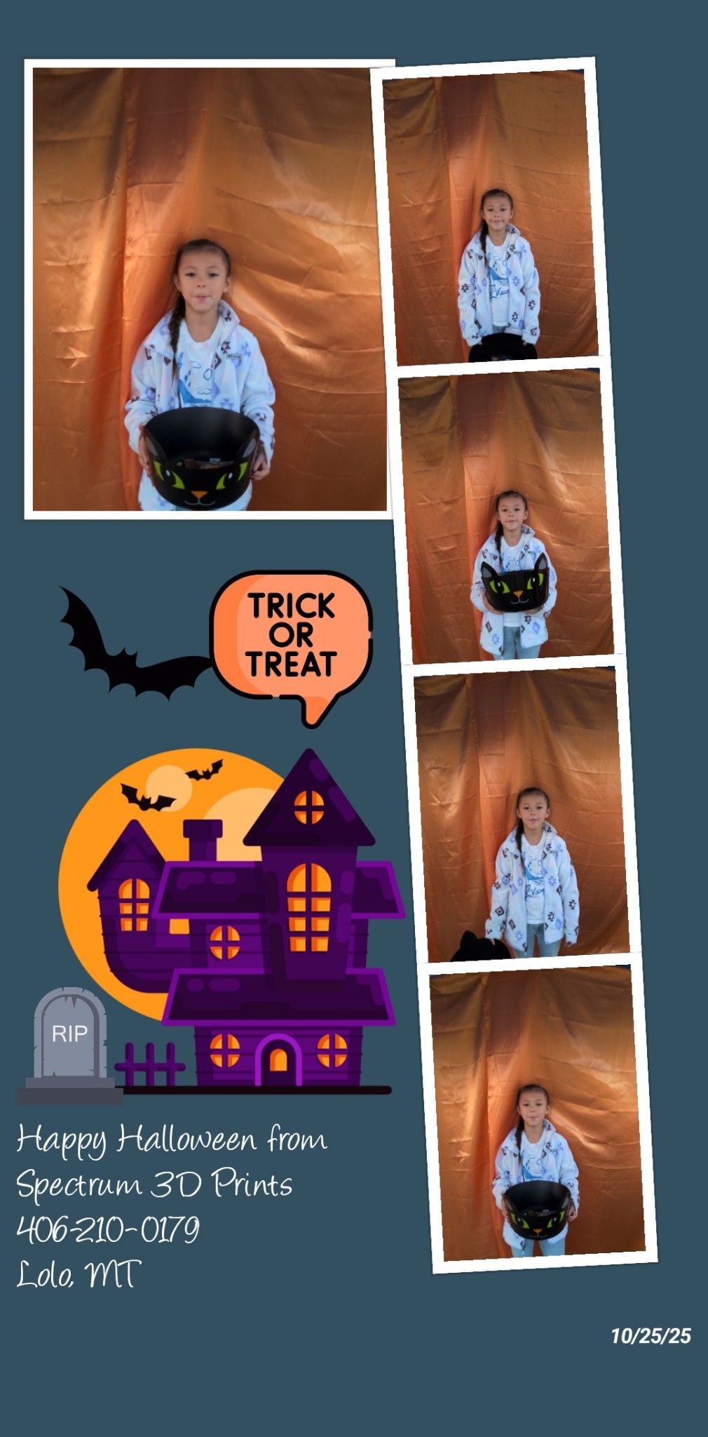 Halloween collage with a child in costumes, a trick-or-treat sign, and a spooky purple haunted house illustration