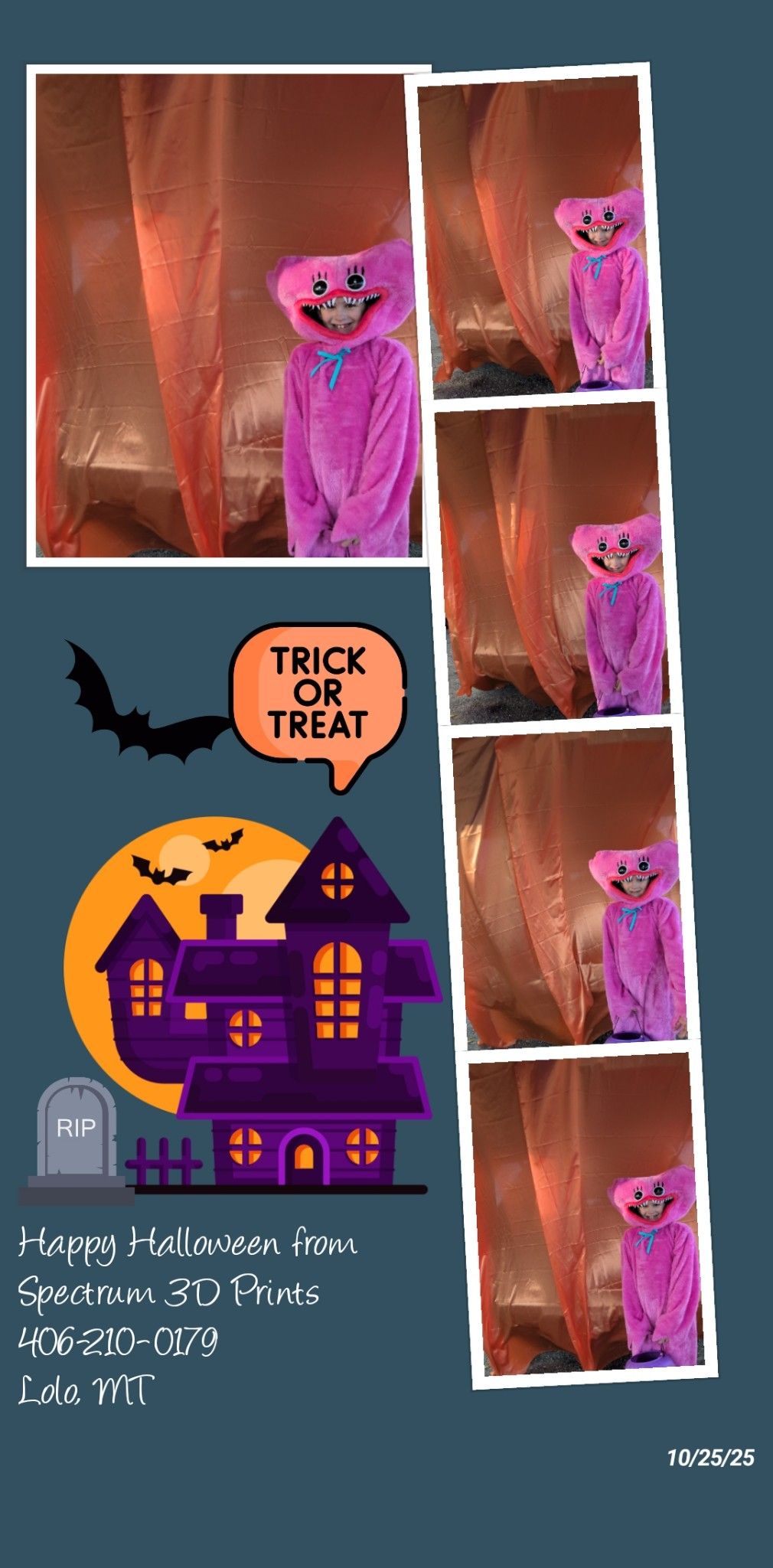 Pink furry puppet beside a Halloween house and candy bucket collage with “trick or treat” text