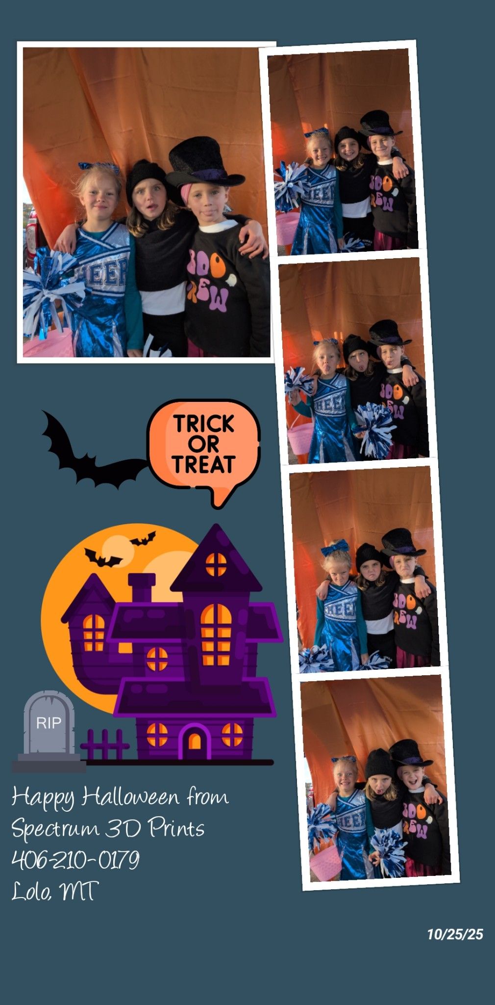 Children in costumes at a Halloween party beside a spooky house illustration and “trick or treat” text.