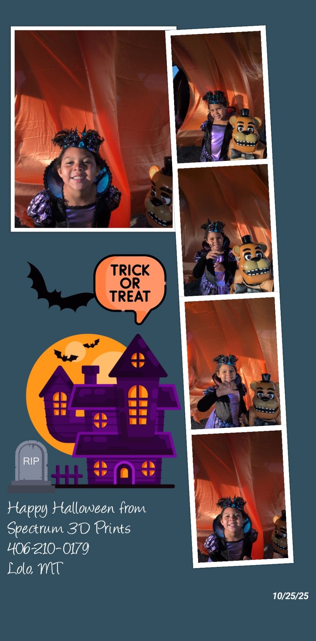 Halloween-themed collage with pumpkin balloons, spooky house graphic, and three photos of a person in red lighting