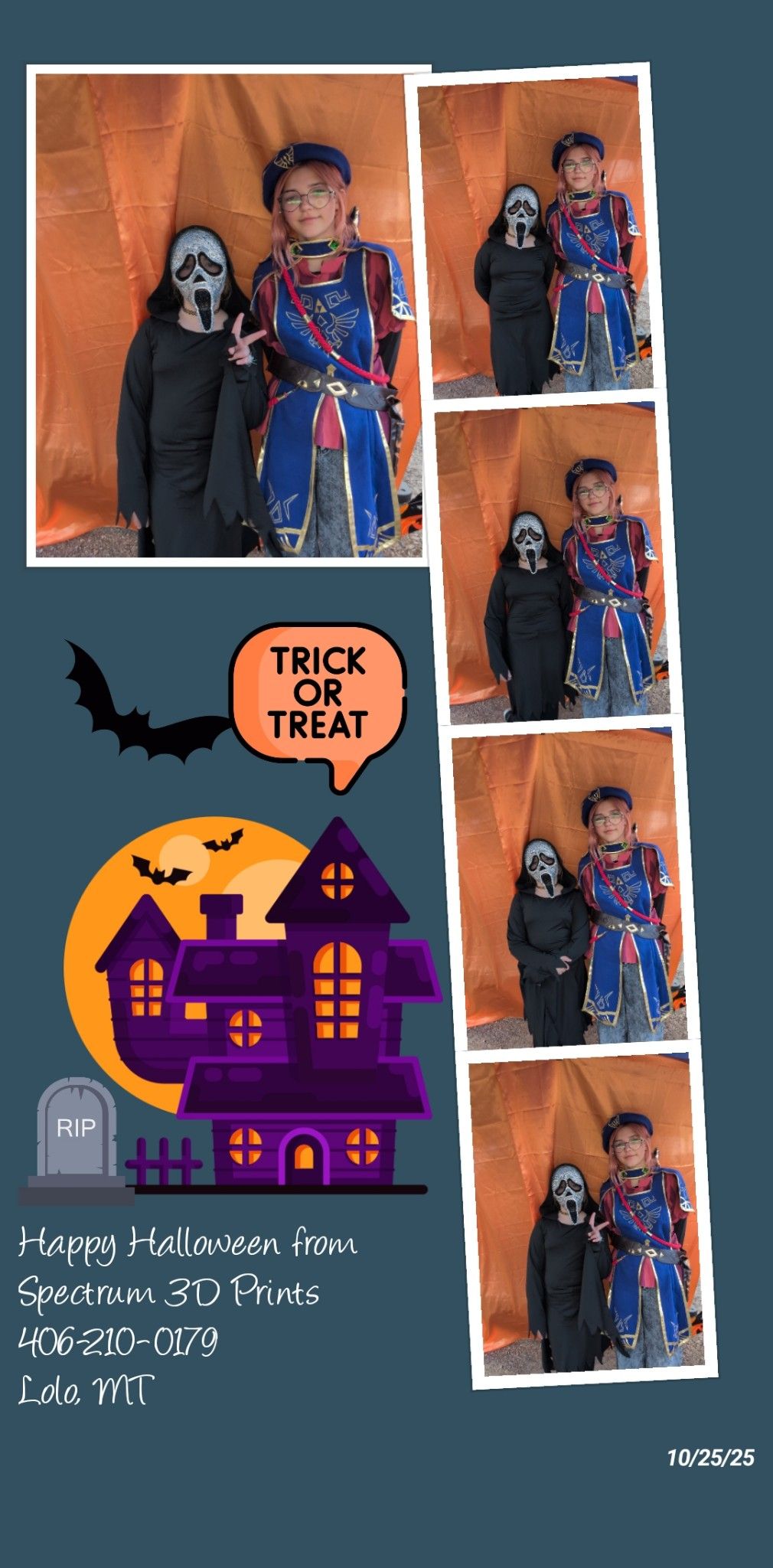 Two children posing in Halloween costumes beside a purple haunted house decoration and small ghost signs.
