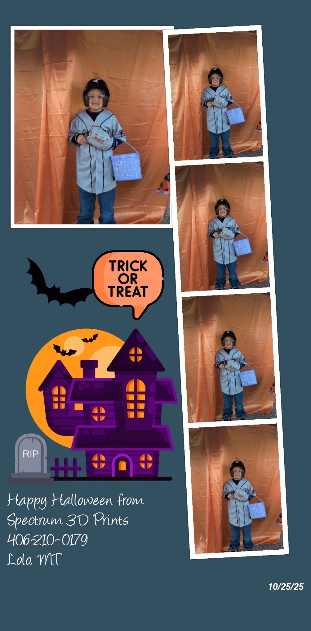 Child in blue coat beside a Halloween house graphic, with small portrait photos on a peach background