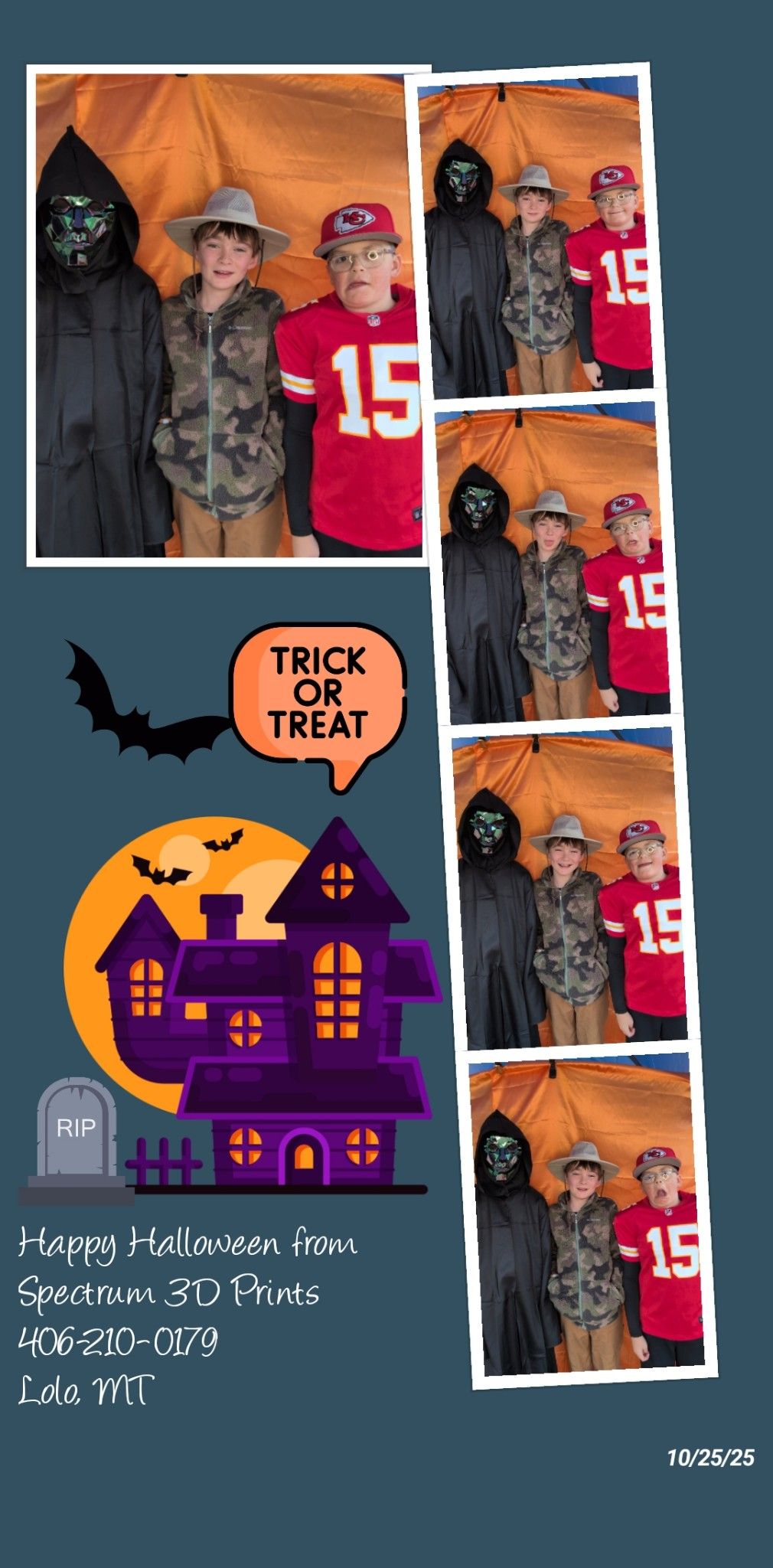 Halloween collage of two kids in sports jerseys and a glowing haunted house graphic on an orange background