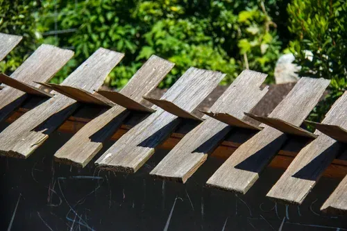 Broken wooden fence slats leaning in a row, with green foliage blurred in the background