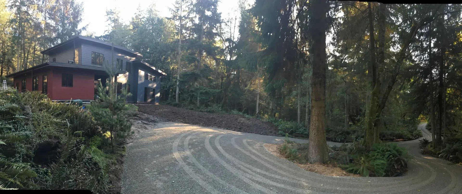 Curved gravel driveway leading to a rustic red house surrounded by tall trees at dusk