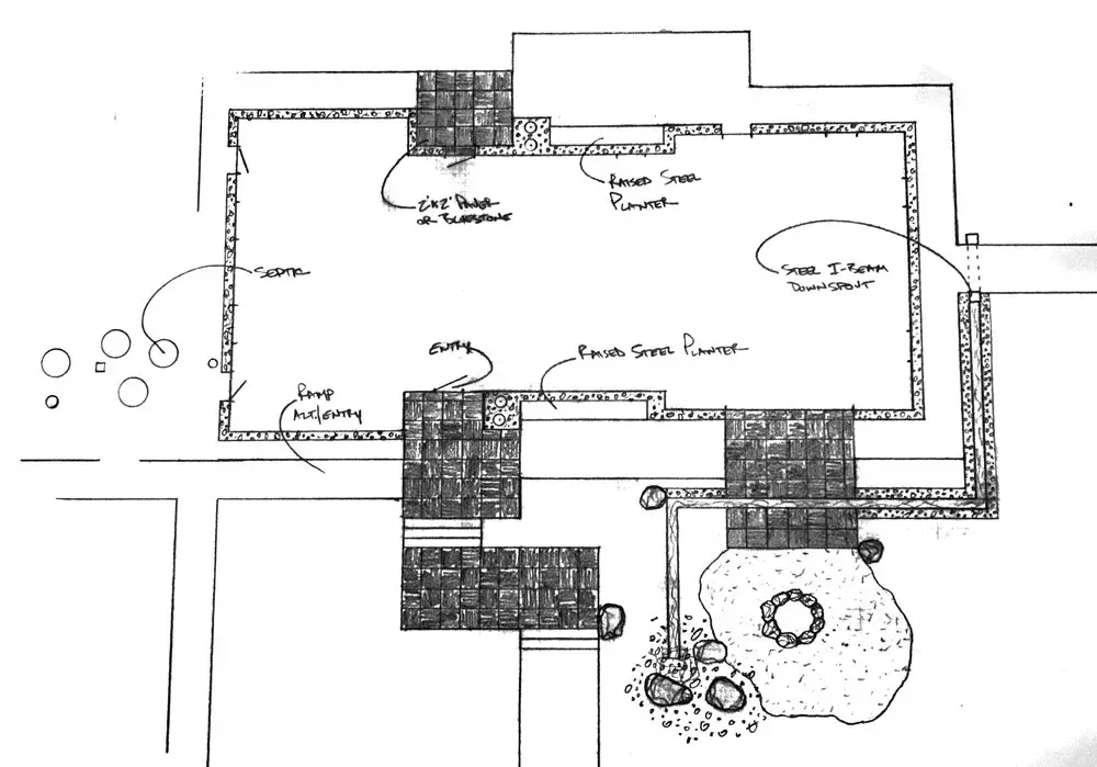 Hand-drawn site plan of a house and yard with labeled rooms, walkways, and trees in grayscale.