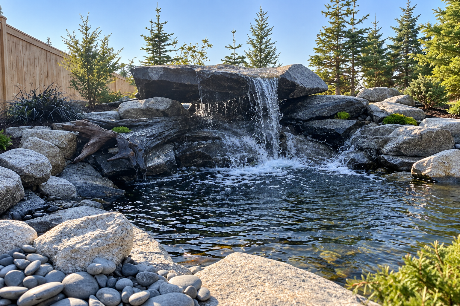 Custom rock waterfall and landscape pond by Creative Gardens on Whidbey Island, WA.