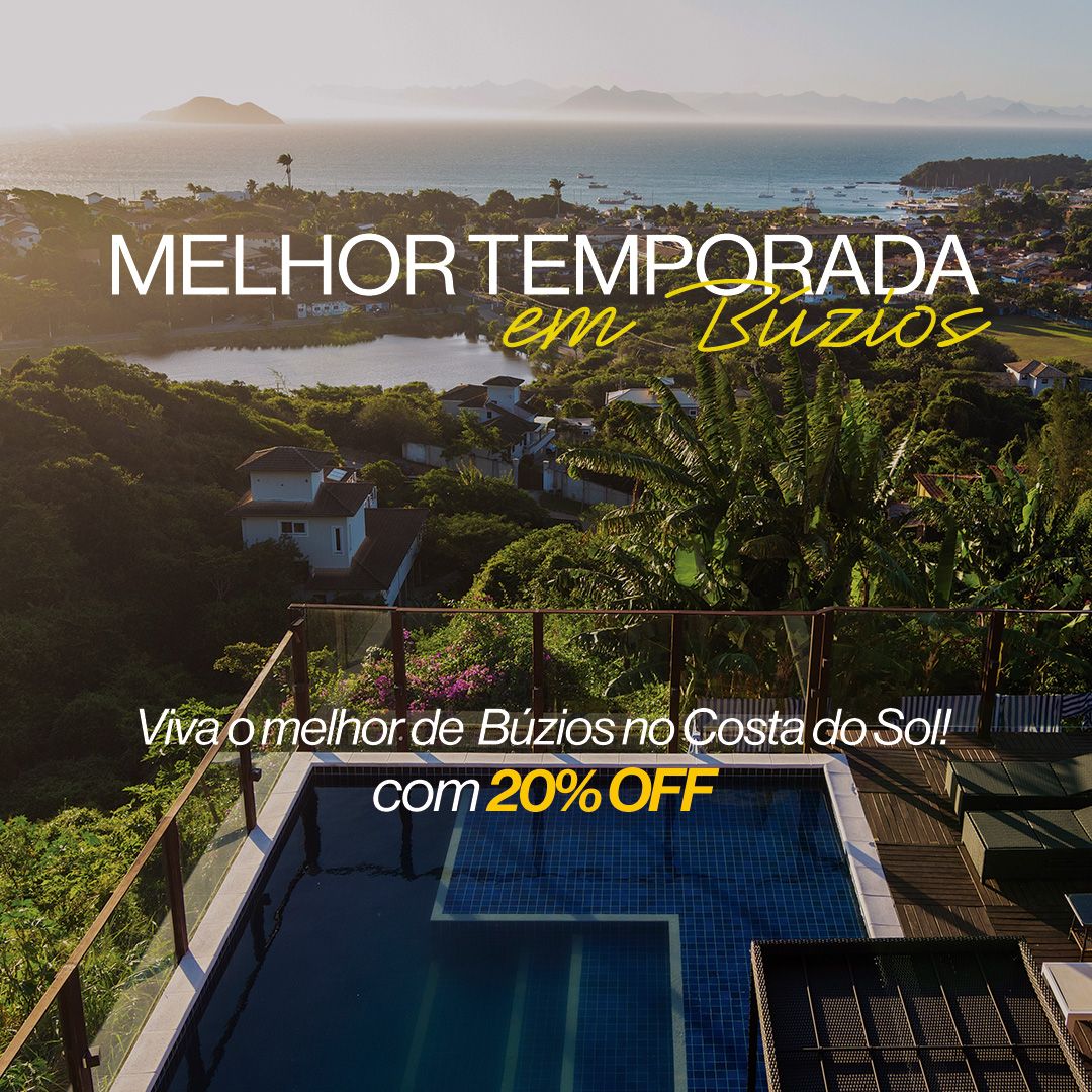 Anúncio de um imóvel em Búzios com vista panorâmica e piscina, oferecendo 20% de desconto.