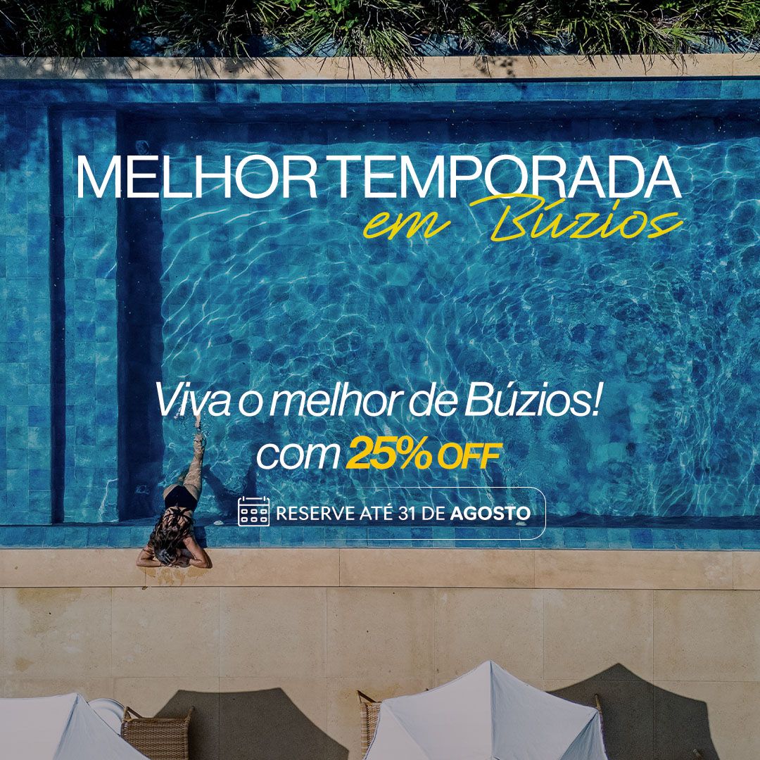 Homem e mulher relaxando à beira da piscina em Búzios, Brasil. O texto diz 
