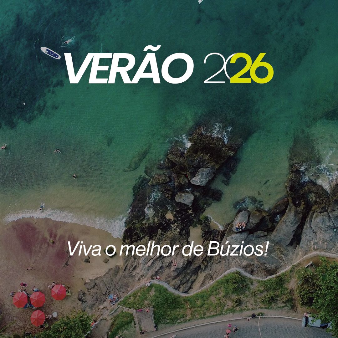Vista aérea de uma praia em Búzios, Brasil, com a inscrição 