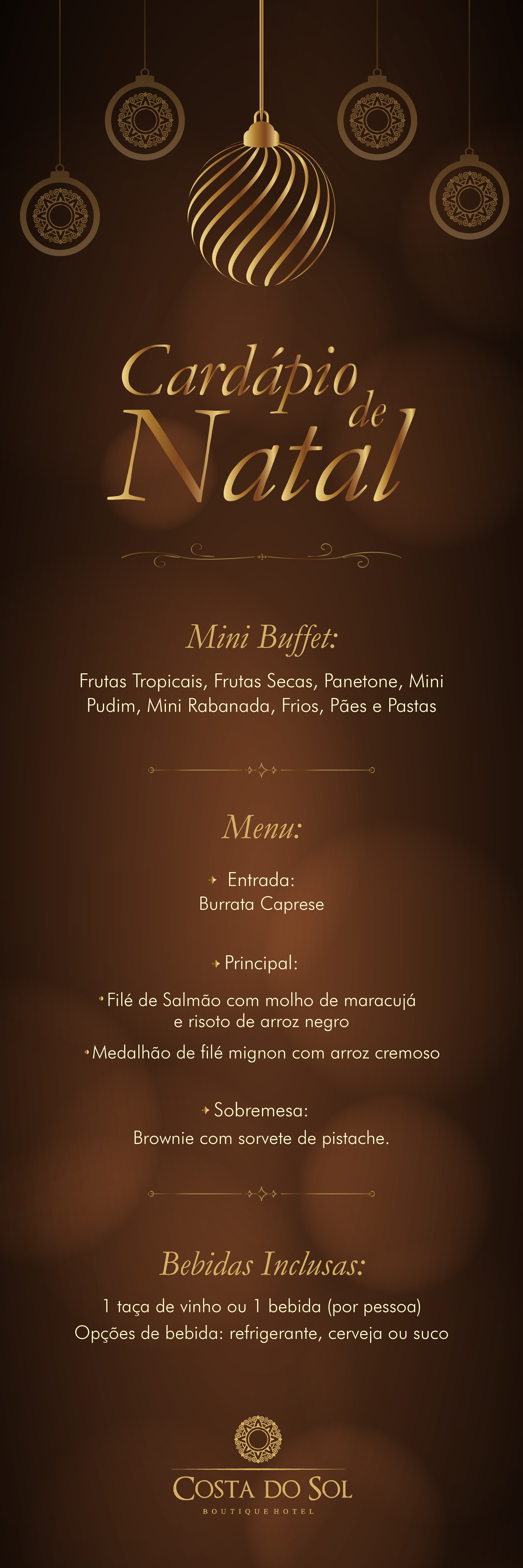 Anúncio natalino em tons de marrom com texto para um restaurante, apresentando enfeites e um efeito bokeh desfocado.