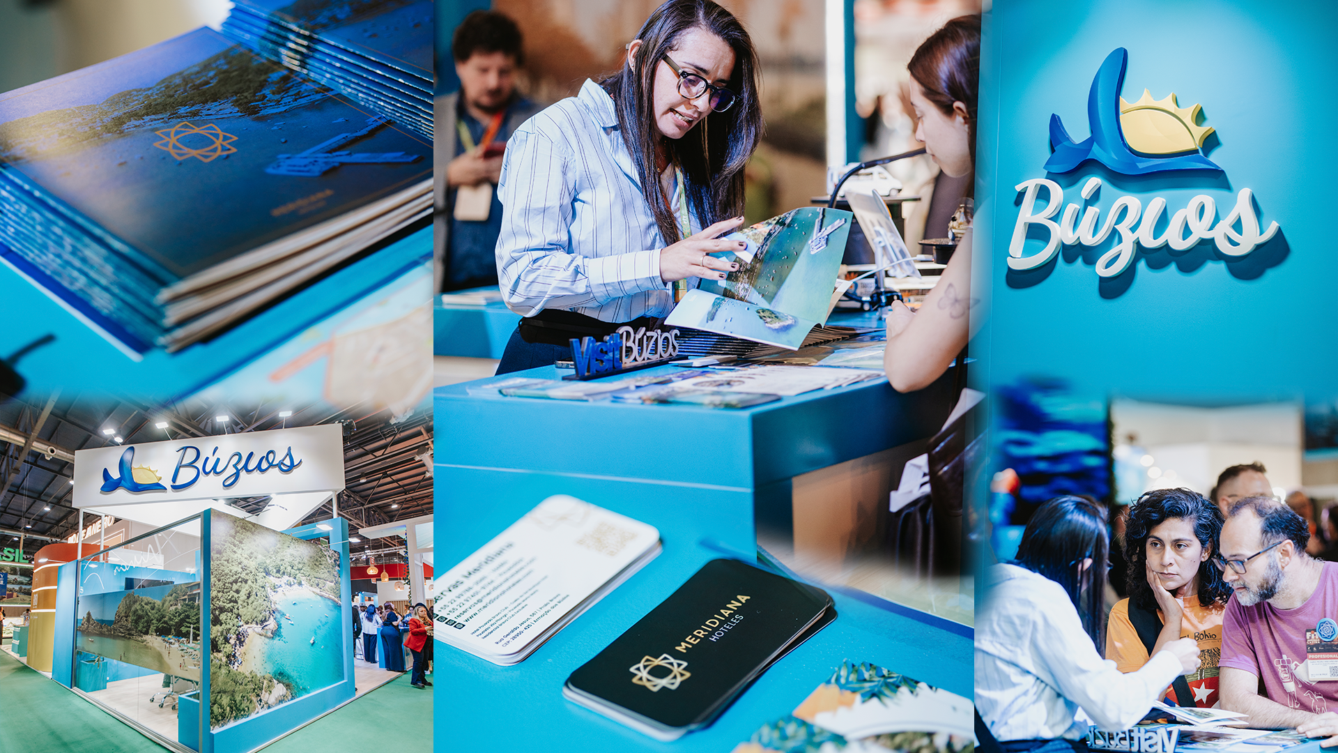 Fotos promocionais do ponto de venda de turismo de Búzios, com pessoas olhando folhetos, estandes em azul e branco e um logotipo com uma concha.