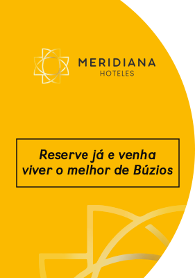 Advertisement for Meridiana Hoteles, offering a stay in Búzios. Yellow and white design, text says 