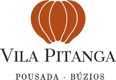 Logo for Vila Pitanga Pousada in Búzios: brown fruit above black text.