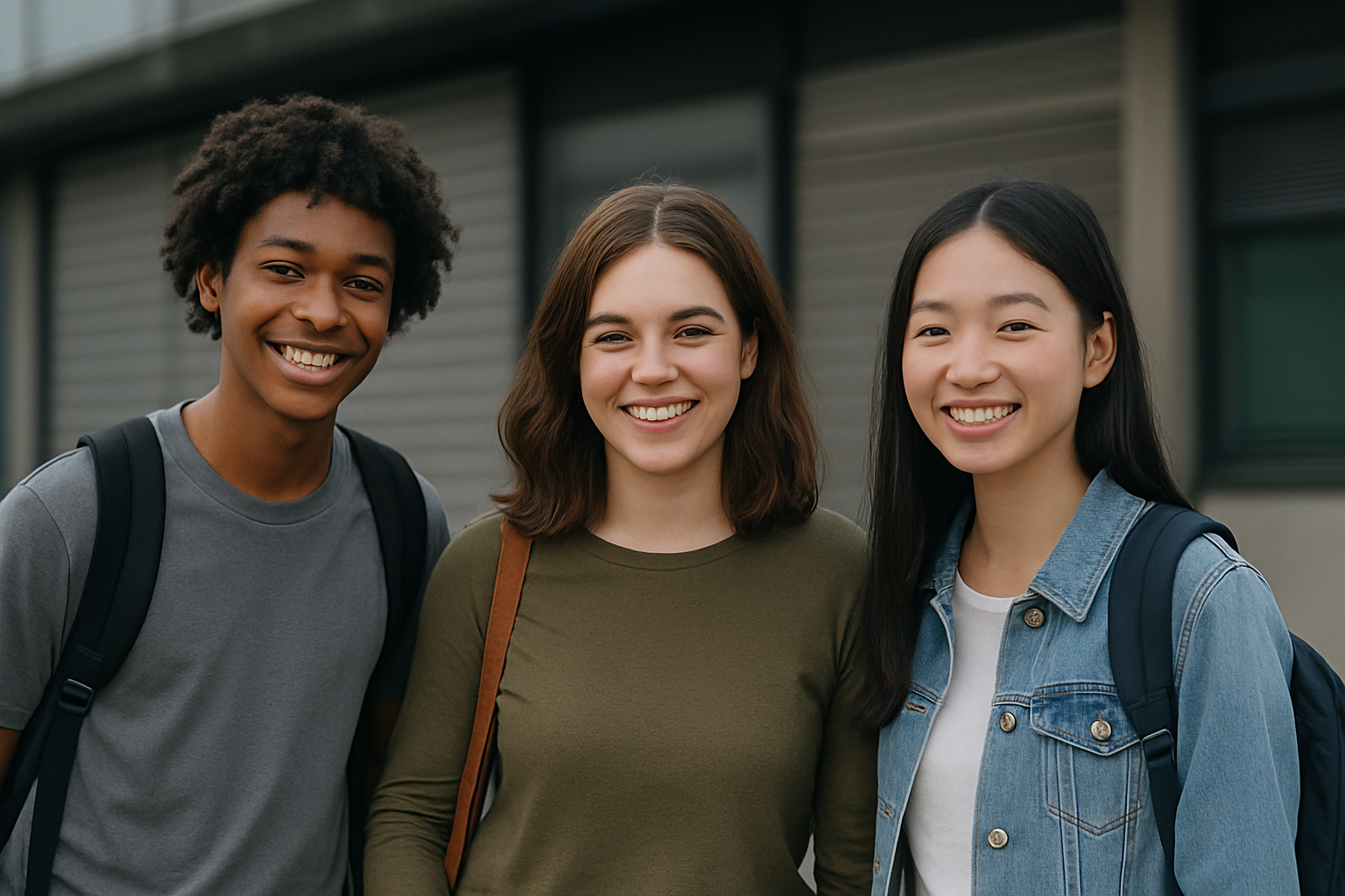 A group of young people are posing for a picture in front of a building.