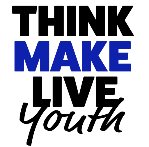 A blue and black logo that says think make live youth