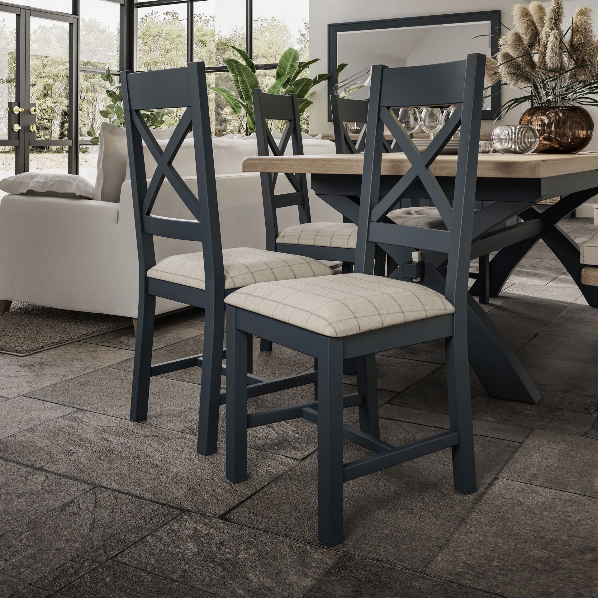 Forest Oak Blue Cross Back Dining Chair Beige