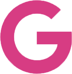 The letter g is in a pink circle on a white background.