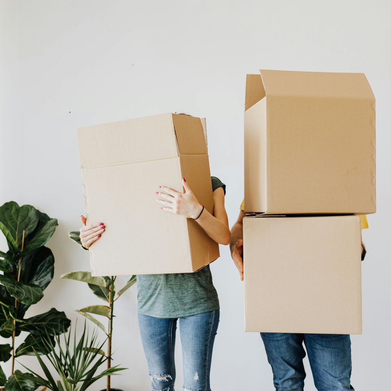 A man and a woman are holding cardboard boxes in front of their faces.