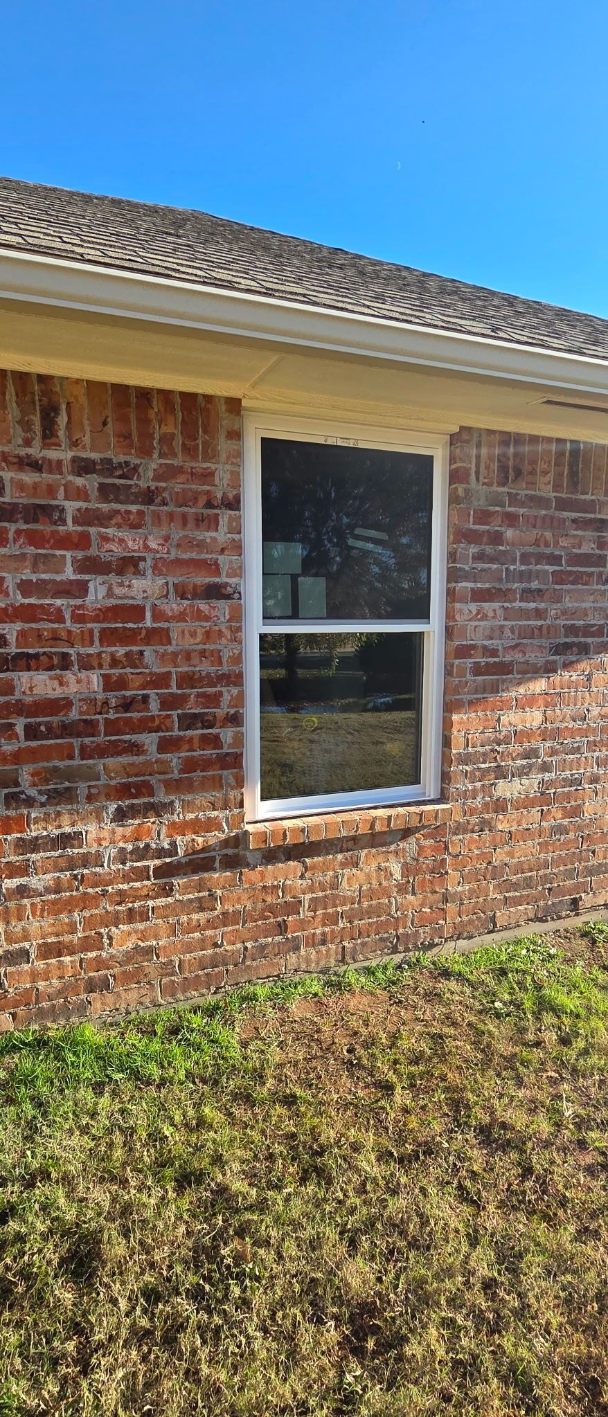 Brick house exterior with a single white-framed window and shrubs below