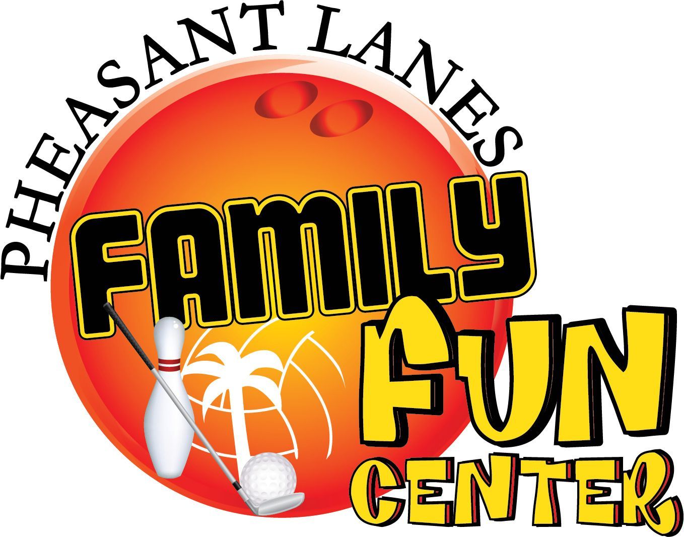 Pheasant Lanes Family Fun Center logo with orange sun, bowling pins, and bold yellow text.